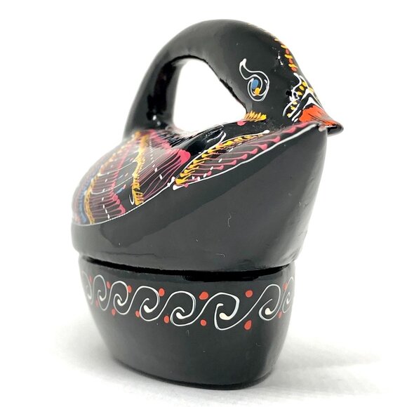 Black Lacquered Wood Trinket Box Black Swan Bird Duck hand painted Thailand - Picture 3 of 14
